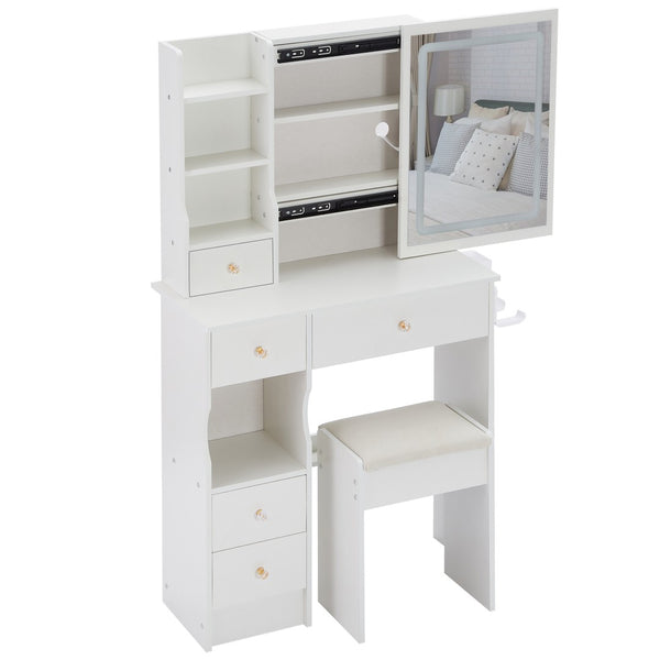 English Elm 29.2" Compact Left Drawer Vanity Set With Led Mirror, Power Station, Stool & Hair Dryer Holder P1 W936P202461-GIGA