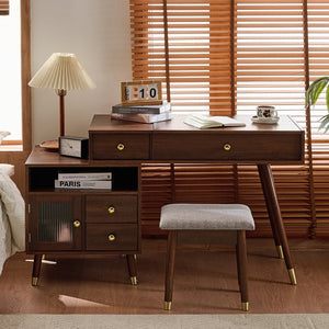 English Elm 3-in-1 Vanity Desk with LED Flip Mirror, Compact Makeup/Dressing Table with Storage Drawers & Stool Walnut N844P291656W