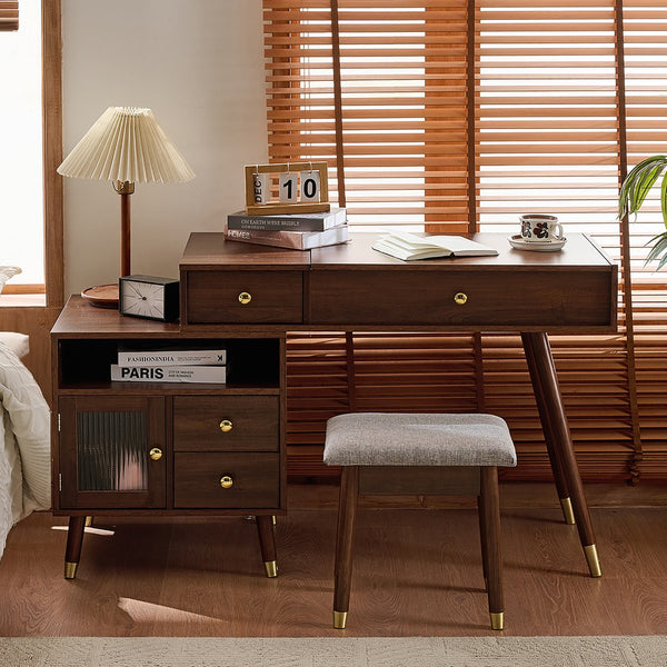 English Elm 3-in-1 Vanity Desk with LED Flip Mirror, Compact Makeup/Dressing Table with Storage Drawers & Stool Walnut N844P291656W