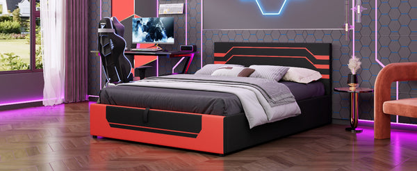 English Elm Modern Cyberpunk Queen Platform Bed Hydraulic Storage Pu Upholstered Gaming Frame Black+Red SF000205AAJ