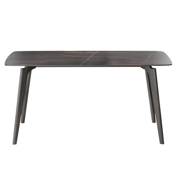 English Elm 62.99" Modern Artificial Stone Dining Table With Black Curved Edge - Seats 6, Sleek Metal Legs W1535S00525