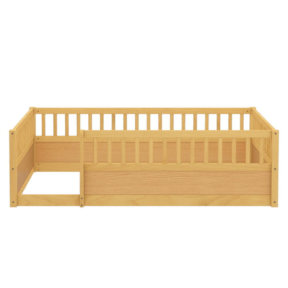 English Elm Full Montessori Floor Bed Frame with Fence for Kids — Pine Play & Reading Space, Sturdy Low Profile Natural W1580P307884