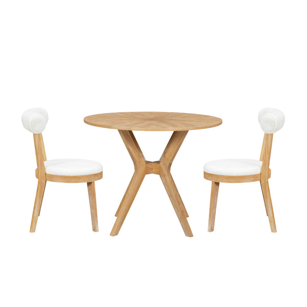 English Elm Mid-Century 39.4" Round Dining Table Set With 2 Padded Chairs, Oak Veneer & Stylish Wooden Legs TWSET-LUCKY1