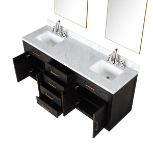 English Elm Black Oak Double Bath Vanity 72" W With Carrara Marble Top, Chrome Faucets & 34" Mirrors Included B2731S02175