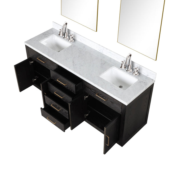 English Elm Black Oak Double Bath Vanity 72" W With Carrara Marble Top, Chrome Faucets & 34" Mirrors Included B2731S02175