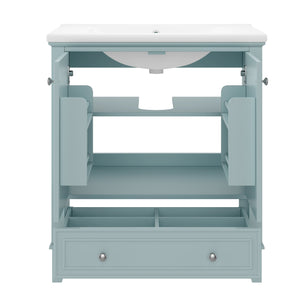 English Elm 30" Bathroom Vanity with Sink — Modern Freestanding 30" Cabinet with Ceramic Top, Drawer, Doors, Shelf Green N725P221263C