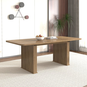 English Elm Modern Beige Brown Dining Table for 6-10 with Double Pedestal, Vertical Stripe MDF Top, Sturdy Design W1347S00012