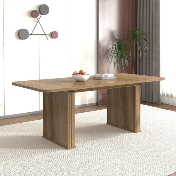 English Elm Modern Beige Brown Dining Table for 6-10 with Double Pedestal, Vertical Stripe MDF Top, Sturdy Design W1347S00012