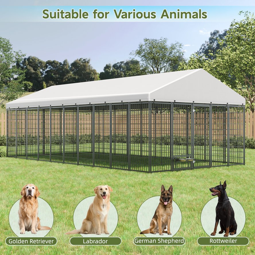 English Elm Large Heavy Duty Metal Dog Run Pen with Roof Cover for Backyard Animal Enclosure W1820S00025