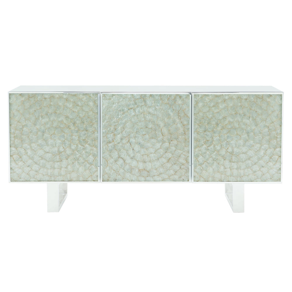 Bernhardt Bernhardt Helios Console With Capiz Starburst Panels, Polished Steel Legs & Hidden Storage Elegance 382860
