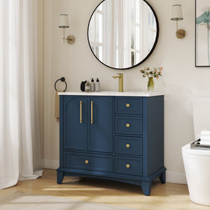 English Elm 35.6" Freestanding Bathroom Vanity with Roman Column Base and Ceramic Integrated Sink Blue W1801S00002
