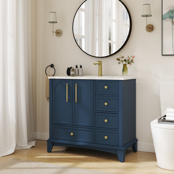 English Elm 35.6" Freestanding Bathroom Vanity with Roman Column Base and Ceramic Integrated Sink Blue W1801S00002