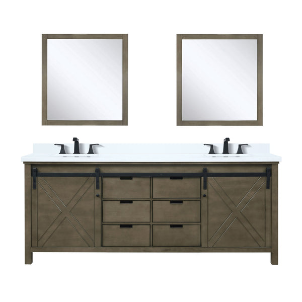 English Elm Rustic Brown Double Bath Vanity 80" W x 22" D with Cultured Marble Top, Matte Black Faucets & Mirrors B2731S01122