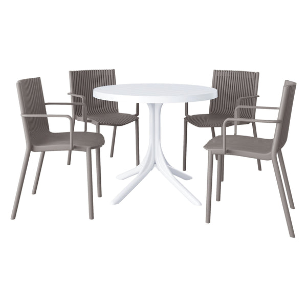 English Elm Summer 5 Piece Stackable Polypropylene Outdoor Dining Set with Round Table for Patios Warm Grey,White W3450S00023