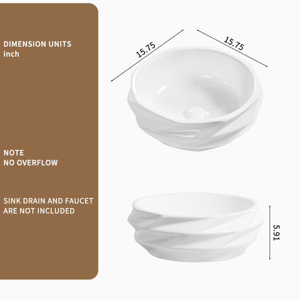 English Elm Round Diamond Quilted Ceramic Vessel Sink Gloss White Basin for Powder Rooms W3402P351192