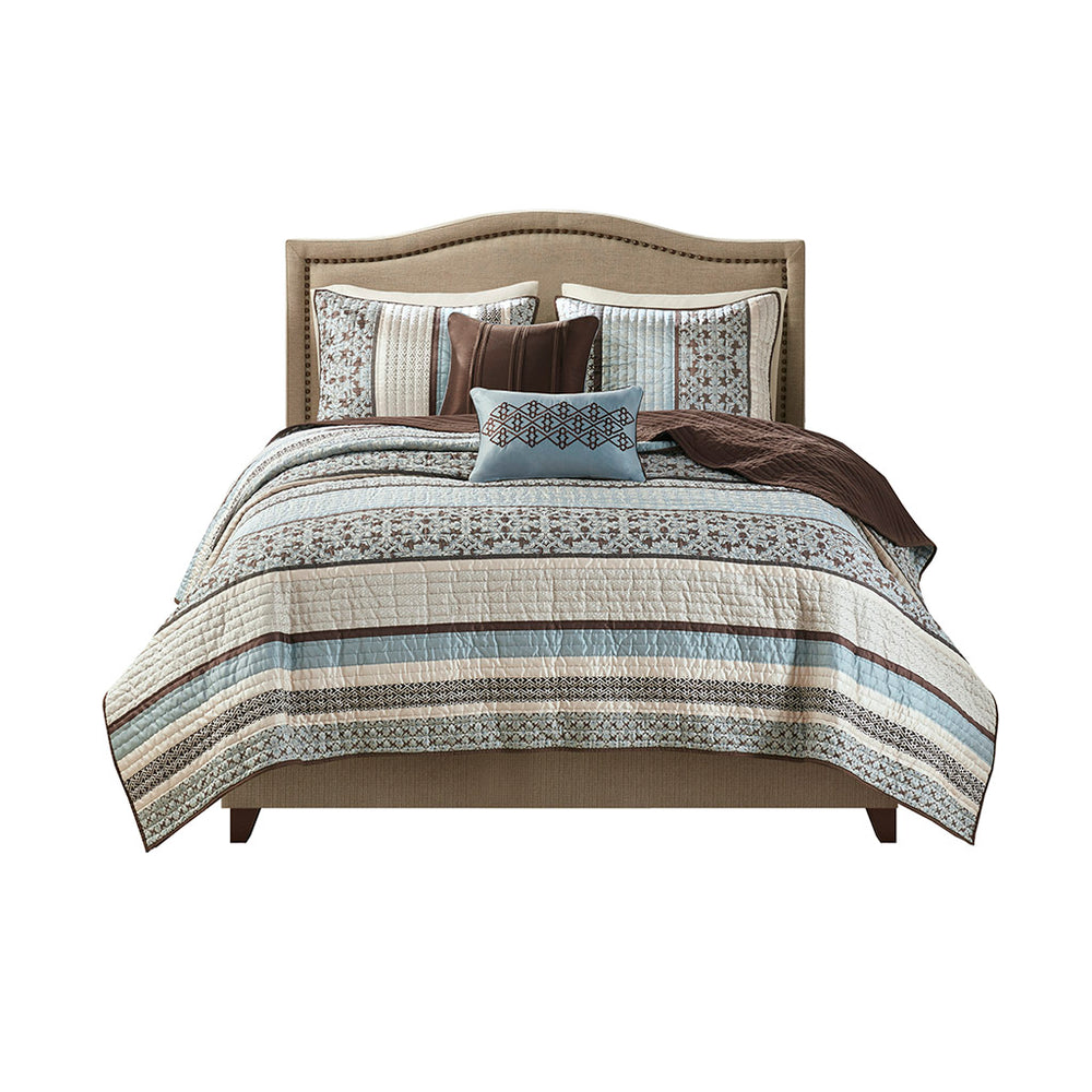 JLA Home Madison Park - 5 Reversible Jacquard Quilt Set with Chocolate Base, Leaf & Medallion Motifs, Pleated Embroidered Pillows Blue MP13-614