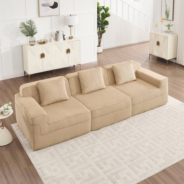 English Elm Modular 3-Seat Boneless Sofa - Cloud-Like Comfort In Soft Camel Corduroy With Throw Pillows & Style W3041S00317