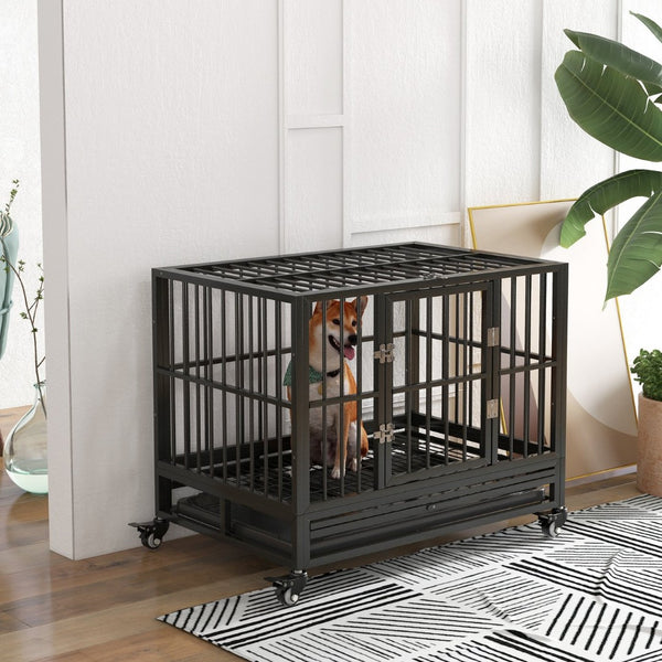 English Elm Pawhut 36" Heavy Duty Dog Crate With Lockable Wheels, Double Doors & Removable Tray For Easy Care W2225P200934-GIGA