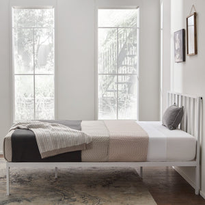 English Elm Metal Platform Bed King White with Vertical Bar Headboard, Powder-Coated Steel Frame, Wood Slats, Sturdy Support B350P394568