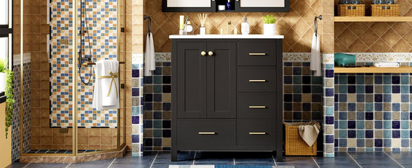 English Elm 30'' Elegant Freestanding Bathroom Vanity With Ceramic Sink, Soft-Close Drawers & Timeless Black Finish N710P194420B