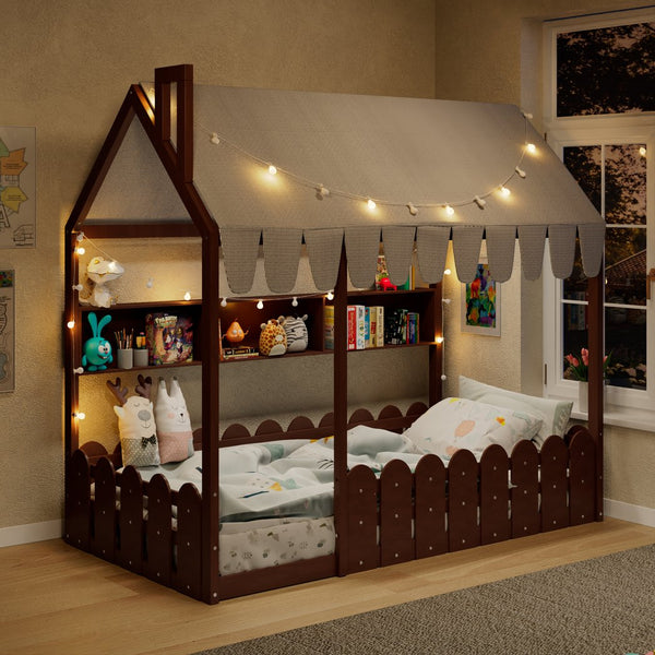 English Elm {slats Are Not Included} Twin Montessori House Floor Bed Kids Tent Lights Shelves Pinewood Frame Espresso N708P407962P
