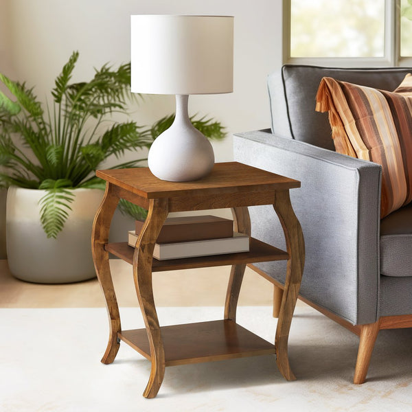 English Elm Becci Walnut Finish Accent Table with 2 Open Shelves, Cabriole & Square Legs, Durable MDF Veneer B2726P281460