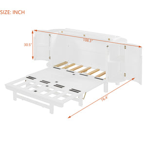 English Elm Full Murphy Bed with Woven Rattan Cabinet Front and Built-in Side Storage Units White LP000599AAK