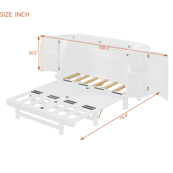 English Elm Full Murphy Bed with Woven Rattan Cabinet Front and Built-in Side Storage Units White LP000599AAK