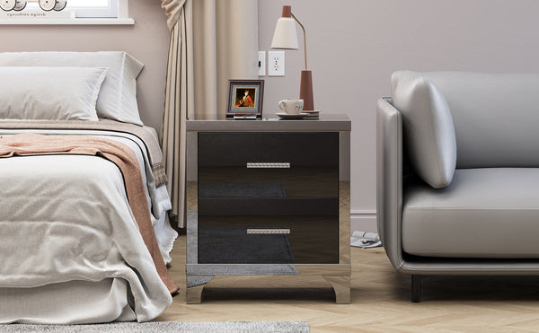 English Elm High Gloss Mirrored 2 Drawer Nightstand Slim Metal Legs Modern Bedroom Side Table Black W5271P416537