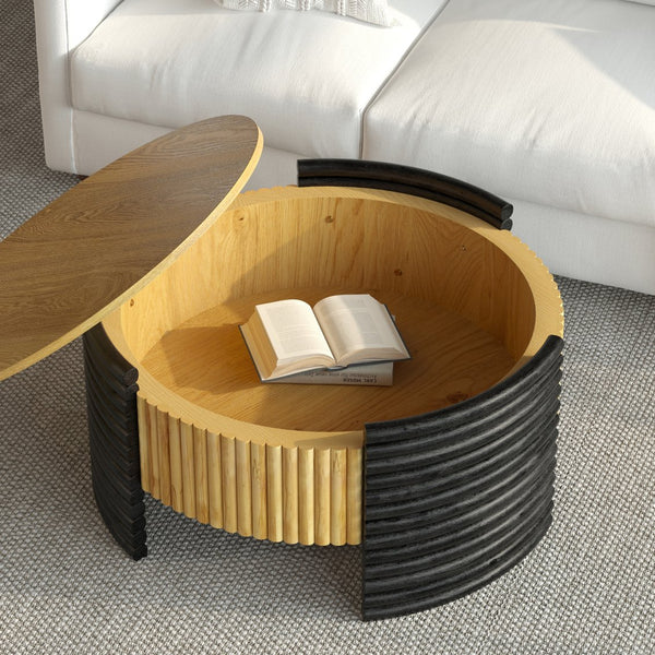 English Elm 31.50" Round Flip-top Storage Coffee Table Fluted Mdf Base for Modern Living Rooms Wood W757P383553