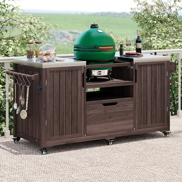 English Elm K&K 66.5" Outdoor Kitchen Island with 1.2" Stainless Steel Top, Ample Storage, Wheels & Bottle Opener Brown N707P250629Z