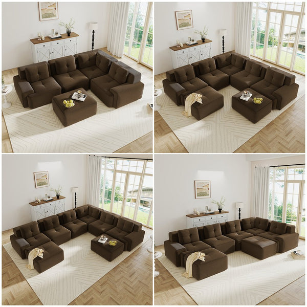 English Elm Modern Corduroy Sectional Sofa Deep Seat V Shape Tufted Couch with Movable Ottoman Brown W714S01576