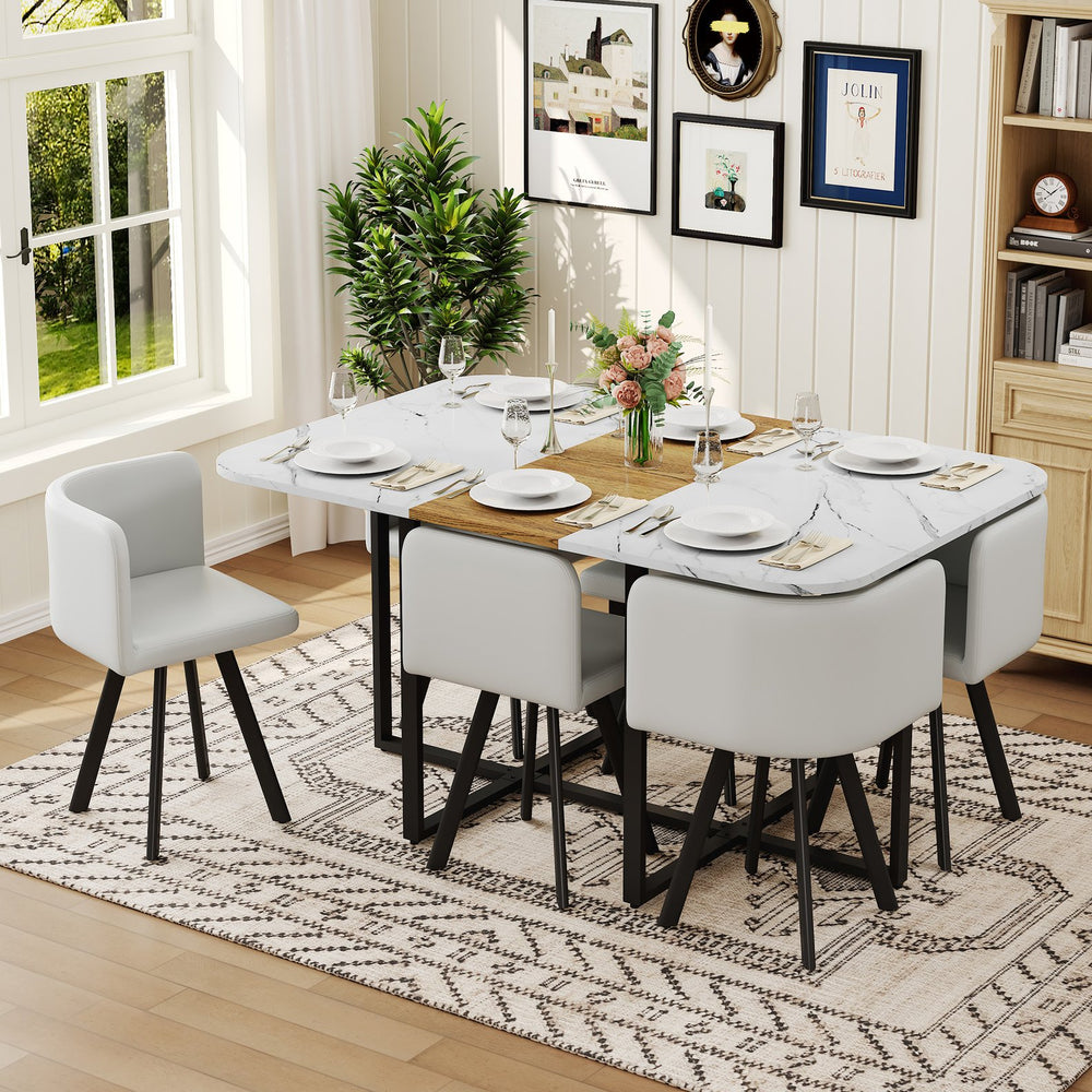 English Elm 7-piece Melamine Dining Set with Pu Cushioned Chairs and Iron Frame for Small Spaces W3875S00121