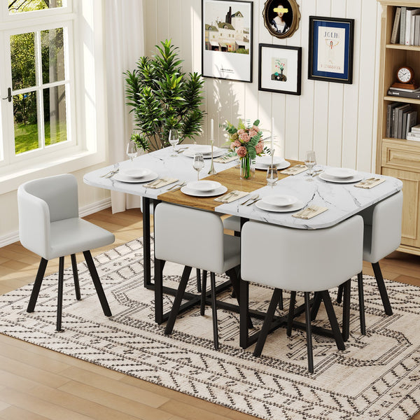 English Elm 7-piece Melamine Dining Set with Pu Cushioned Chairs and Iron Frame for Small Spaces W3875S00121