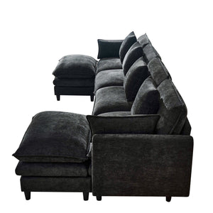 English Elm 140.9-inch U-shaped Modular Sectional Sofa with Ottomans Chenille Cloud Cushions Black W288S00030