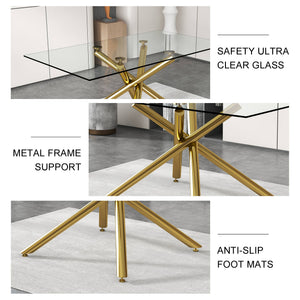 English Elm Large Rectangular Glass Dining Table For 4-8 People, Modern Design With Gold Metal Legs & Durability W1151S03180