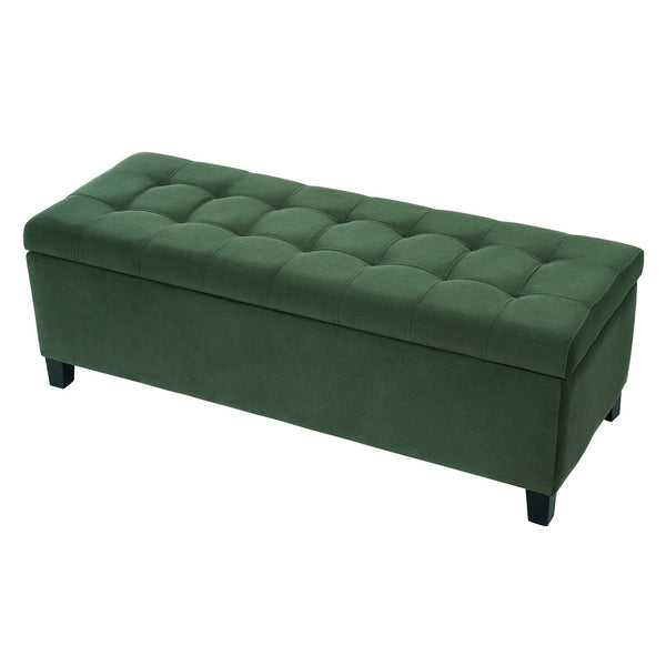 English Elm Upholstered Boucle Storage Bench Flip Top Lid Rubberwood Legs Bedroom Entryway Seating Retro Green N779P395018G