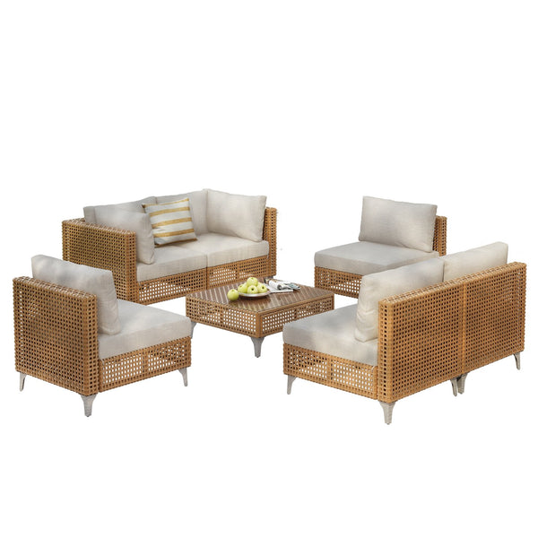 English Elm K&k 7 Piece Outdoor Modular Sectional Wicker Sofa Set with Tempered Glass Coffee Table Beige,Orange N707S000011Z