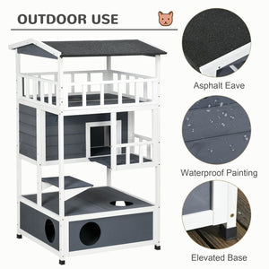 English Elm Pawhut Wooden Multi-Level Cat House - Cozy Outdoor Feral Shelter With Escape Doors & Roof, Grey W2225P217564-GIGA