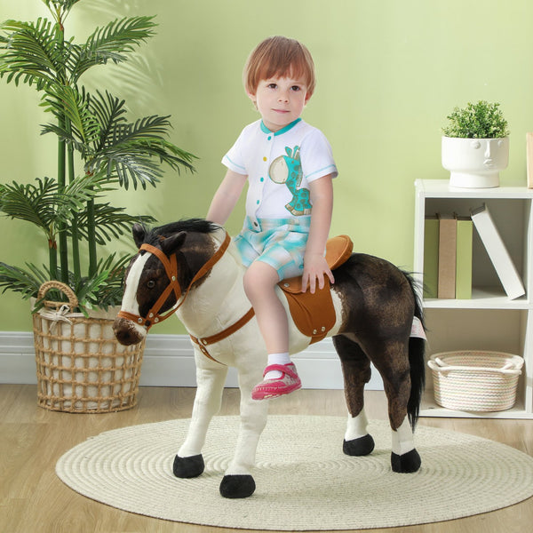 English Elm Qaba Plush Ride on Pony Toy with Saddle Stirrups and Neighing Sound for Kids W2225P249774