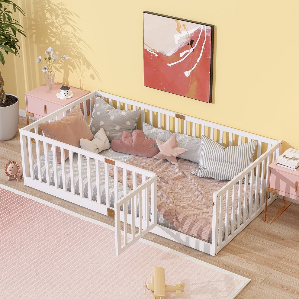English Elm Twin Floor Bed Solid Rubber Wood with Tall Safety Railings for Toddler Sleep White W504P287652