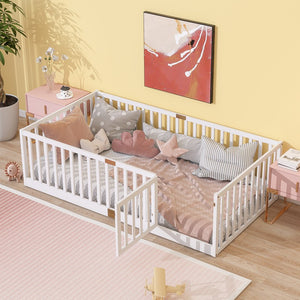 English Elm Twin Floor Bed Solid Rubber Wood with Tall Safety Railings for Toddler Sleep White W504P287652