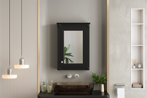 English Elm 20" Medicine Cabinet with Mirror — Space-Saving Wall-Mounted Bathroom Storage with Adjustable Shelf, Modern Carved Design Black N710P317680B