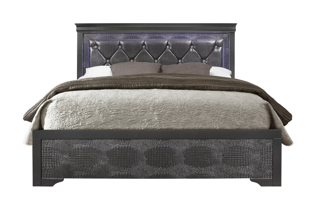 English Elm SHAKER Crystal Tufted King Bed with LED Lighting and Padded Panel Headboard in Modern Finish Metallic Grey 68.31 L x 35.43 W x 7.68 H B201S00339