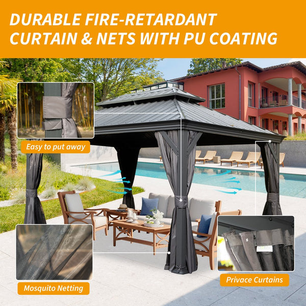 English Elm 10' X 14' Hardtop Gazebo, Durable Metal Canopy With Drainage, Curtains & Netting For Outdoor Comfort W1859S00137