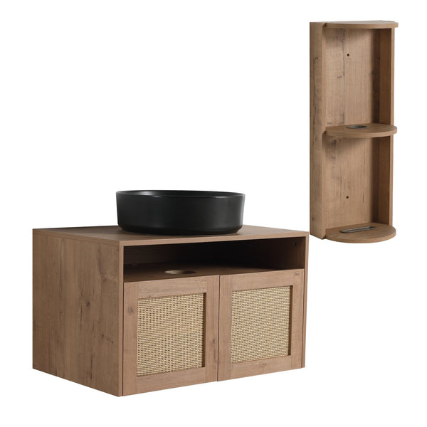 English Elm 30" Floating Bathroom Vanity Oak Finish Ceramic Vessel Sink Soft Close Plywood Cabinet W999S00502
