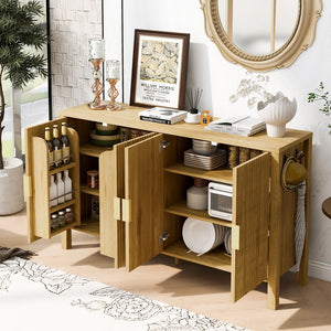 English Elm U_style Striped Four Door Sideboard Mdf Buffet Cabinet with Adjustable Shelves for Dining Natural N711P345170O