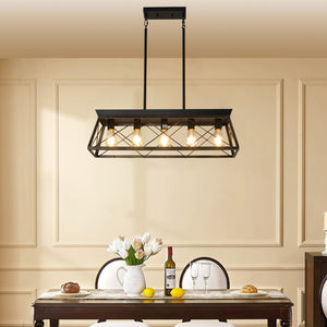 English Elm 32" Black Gold Industrial 5-Light Pendant Chandelier - Adjustable Metal Cage Farmhouse Lighting for Kitchen, Dining, Living Room W2312P368669