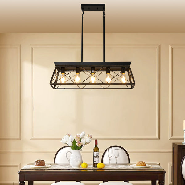 English Elm 32" Black Gold Industrial 5-Light Pendant Chandelier - Adjustable Metal Cage Farmhouse Lighting for Kitchen, Dining, Living Room W2312P368669