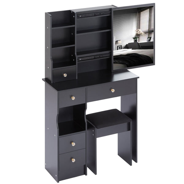 English Elm 29.2" Compact Vanity Table Set With Cushioned Stool & Sliding Mirror - Stylish Storage For Small Spaces W936P202257